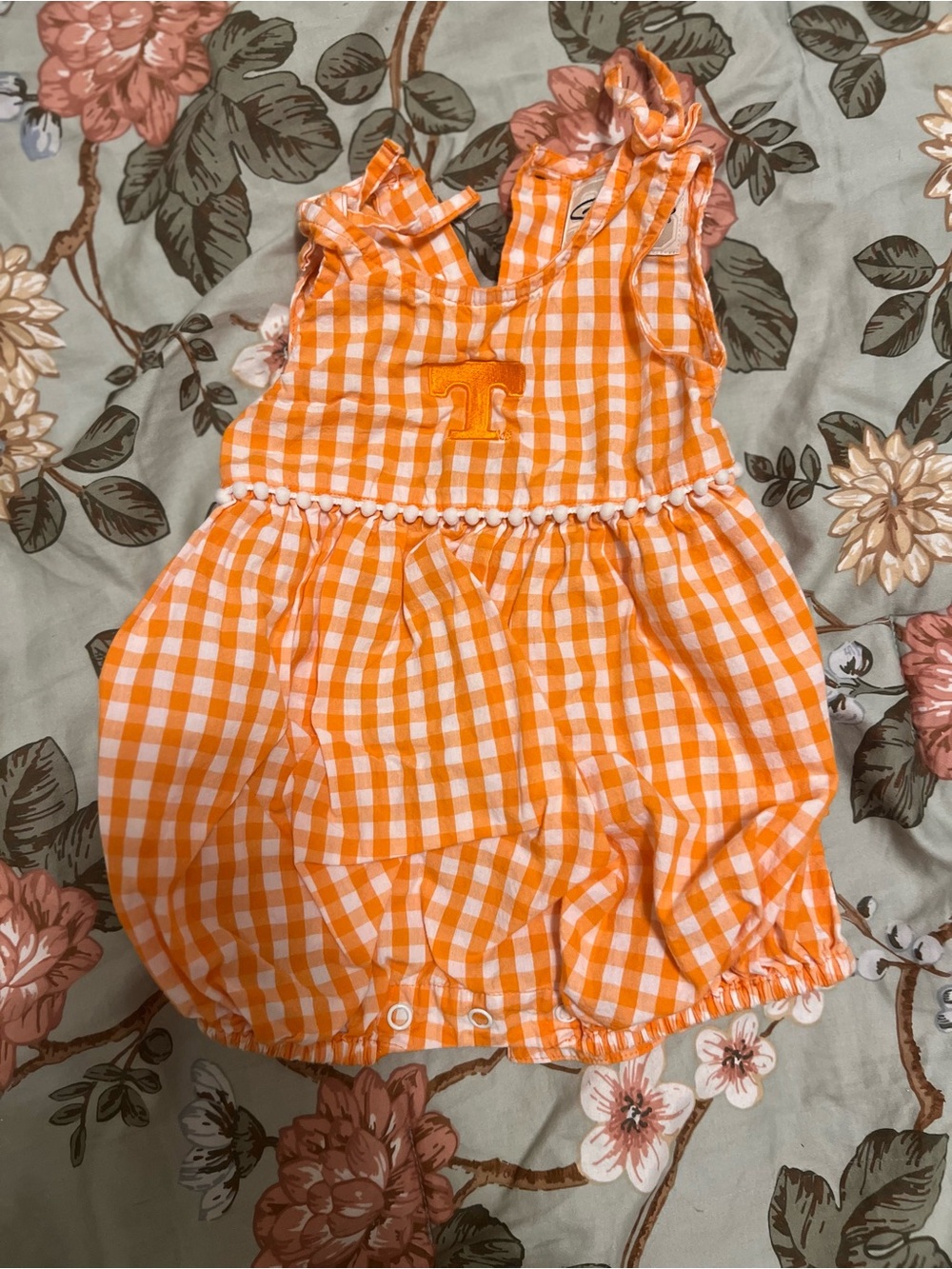 University of Tennessee T Orange and White Gingham Baby Romper
